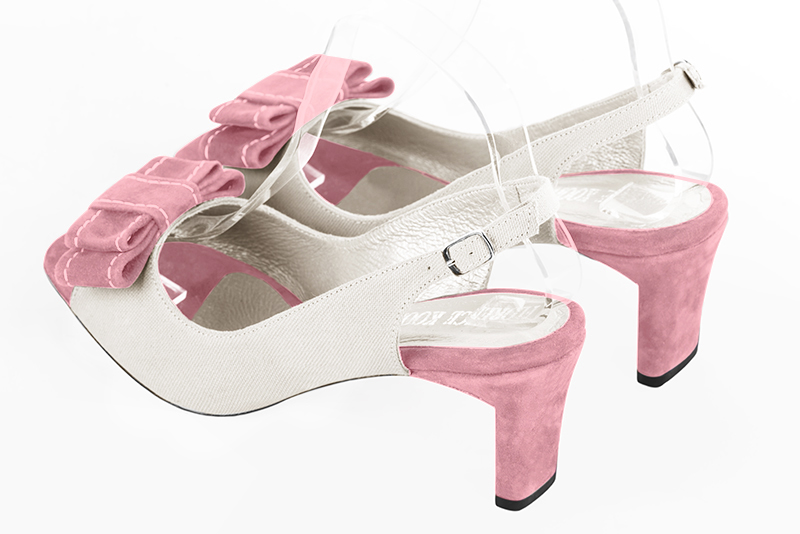 Off white and carnation pink women's slingback sandals. Square toe. Medium comma heels. Rear view - Florence KOOIJMAN